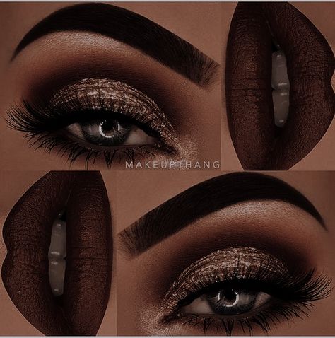 Eyeshadow To Match Red Dress, Chocolate Inspired Makeup, Fall Eyeshadow Brown Eyes, Dark Brown Makeup Looks Eye Shadows, Purple Bronze Eye Makeup, Eyeshadow Looks For Burgundy Dress, Bold Fall Makeup, Red And Brown Eye Makeup, Emerald Green And Gold Eyeshadow