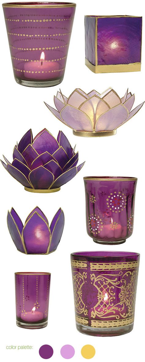 gold, purple, plum and lilac wedding candle holders, god gilded wedding decor from LunaBazaar.com Wedding Color Schemes Purple, Purple Candle Holders, Deco Violet, Purple Candles, Wedding Themes Summer, Purple Color Schemes, Purple Wedding Theme, Purple Rooms, Summer Candles