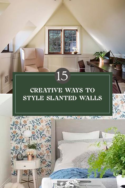 Are slanted walls giving you a decorating headache? Don't worry! Here are 15 creative ideas to make the most of those tricky angles in your bedroom. Use fun geometric-shaped rugs to add dimension and brighten up the space. Stick to vibrant wallpapers that will bring life to your slanted wall while utilizing clever shelving solutions. Discover fresh decor tricks that make your room feel more spacious and inviting. Let's transform your living space into a cozy retreat that flaunts every unique angle! Gabled Room Ideas, Turn Bonus Room Into Bedroom, Angled Wall Shelving, Slanted Wall Bedroom Decor, Angled Living Room Wall, Bonus Room Ceiling Ideas, Slanted Ceiling Office Ideas, Angled Ceiling Decor, Angled Wall Decor Sloped Ceiling