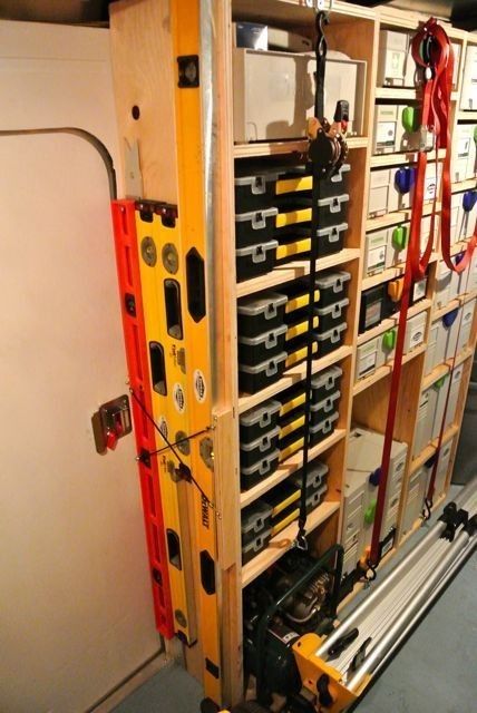 Work Van Organization, Work Van Organization Ideas, Van Organization Ideas, Trailer Shelving, Work Truck Storage, Van Organization, Truck Organization, Van Shelving, Metal Storage Bins