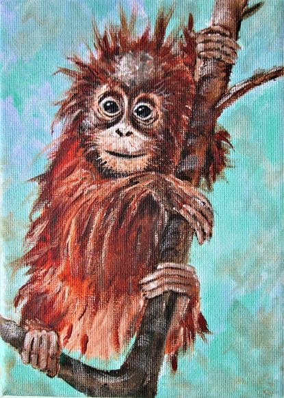 ORANGUTAN CLIMBING, baby Monkey Jungle Crafts, Hallway Art, Animals And Birds, Canvas Painting Diy, Baby Monkey, Acrylic Painting On Canvas, Buy Paintings, Art Acrylic, Acrylic Paintings