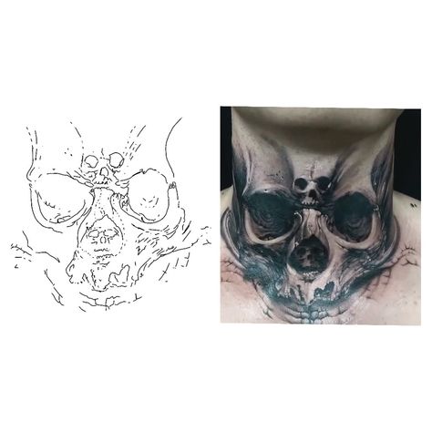 Skull Neck Tattoo, Neck Tattoo Stencil, Outline Stencil, Satanic Tattoos, Best Neck Tattoos, Surreal Tattoo, Tattoo Shading, Evil Tattoos, Clock Tattoo Design