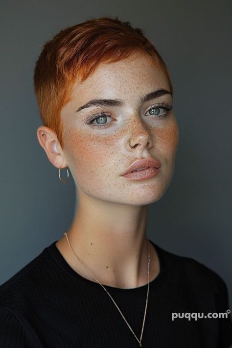 Very Short Hair Shaved Sides, Super Short Pixie Shaved Sides, Shaved Sides Pixie, Freckle Makeup, Ginger Hair Dyed, Hairstyles For Swimming, Cropped Hair, Super Short Pixie, Androgynous Hair