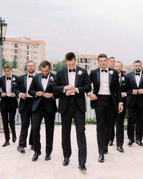 Behind every great groom, there's an even greater group of groomsmen! #EverAfterInAdriatica #AdriaticaVillage #McKinneyTX #WeddingStyle #Groomsmen Groomsmen In Black Suits, Formal Groomsmen Attire, Groomsman Outfits, Groomsmen Colors, Blush Groomsmen, Black Tie Wedding Decor, Groomsmen Attire Black, Black Groomsmen Suits, Wedding Accessories Photography