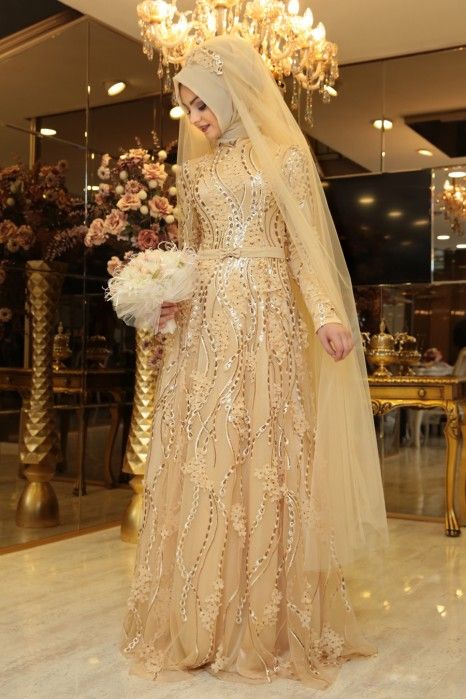 Buket Gold Evening Dress Wedding Hijab Styles, Bridal Hijab Styles, Hijab Gown, Modern Bridal Dress, Elegant Bridal Dress, Muslimah Wedding Dress, Muslimah Wedding, Muslim Evening Dresses, Beautiful Bridal Dresses