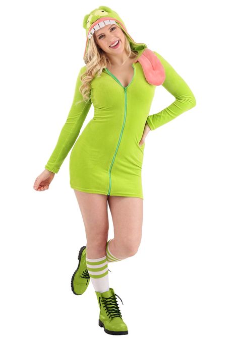 PRICES MAY VARY. Size: Large 94% polyester, 6% spandex stretch velvet fabric Separating zipper at center front Stuffed tongue attached to left side of hood Appliqued & soft-sculpted character face on top of hood Now you can become the mischief-making ghost from Ghostbusters! This Women's Ghostbusters Slimer Hoodie Costume is a green hoodie dress that's inspired by Slimer from the movies. It's made out of a soft fleece material and fits with a zipper in the front. The hood is designed to look lik Gozer Costume, Slimer Costume, Supernatural Costume, Ghostbusters Slimer, Ghostbusters Costume, Hoodie Costume, Costume For Women, Pink Green Yellow, Hooded Dress