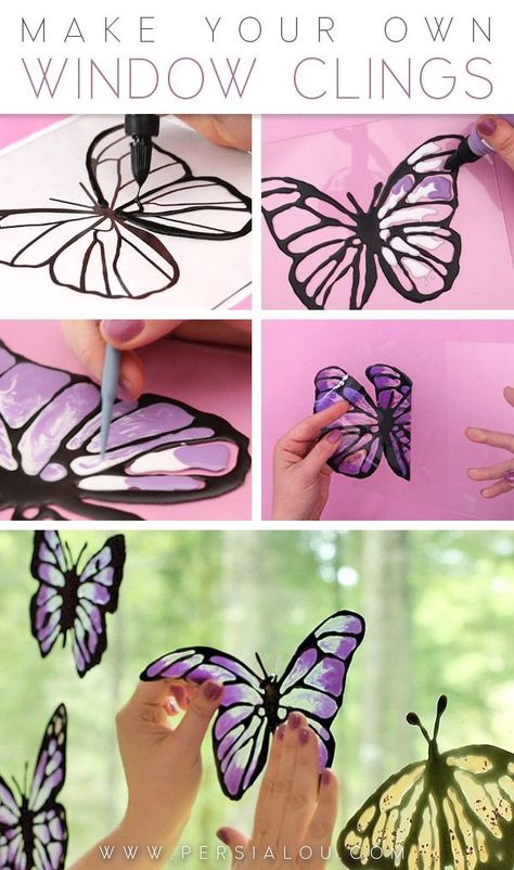 Glass Window Decor Ideas, Faux Stained Glass Suncatchers Diy, Butterfly Stained Glass Window Art, Sharpie Stained Glass Craft, Homemade Window Clings, Butterfly Window Craft, Diy Fake Stained Glass Projects, Diy Window Clings How To Make, How To Make Window Clings