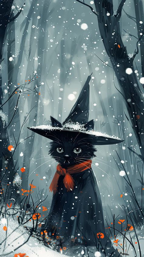 Christmas Black Cat Wallpaper, Black Cat Christmas Art, Yule Cat Art, Christmas Witch Wallpaper, Cat In Snow Aesthetic, Witchy Winter Wallpaper, Cat Winter Wallpaper, Winter Cat Wallpaper, Christmas Wallpaper Cat