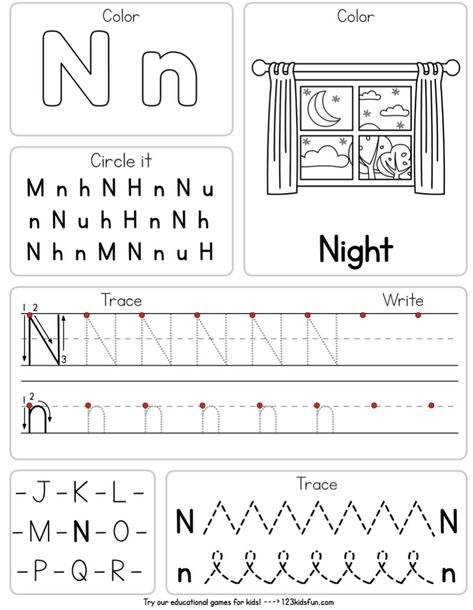 Letter N Worksheets For Kindergarten, Letter N Worksheets For Preschool, Letter N Activities, Letter N Worksheet, Alphabet Writing Worksheets, Cursive Writing Practice Sheets, Shape Worksheets For Preschool, Letter Recognition Worksheets, Kids Handwriting Practice