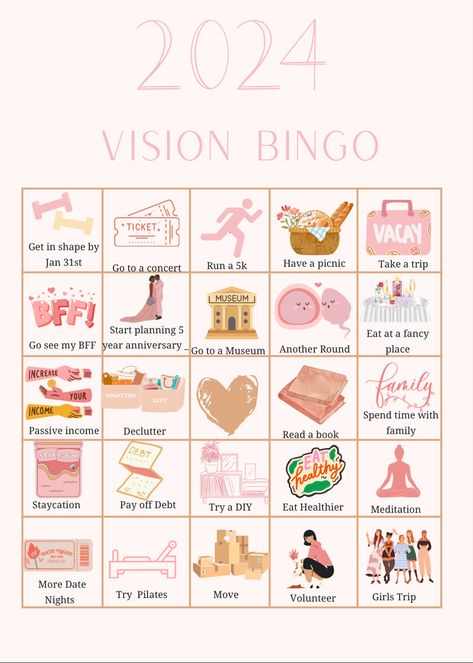 Vision How To Do A Vision Board Ideas, 2024 Vision Board Planning, 1 Year Vision Board, Vision Board Bingo Template, 2024 Vision Journal, 2o24 Vision Board, Goals For Life Ideas, Goal Bingo Board, 2024 Vision Board Pilates