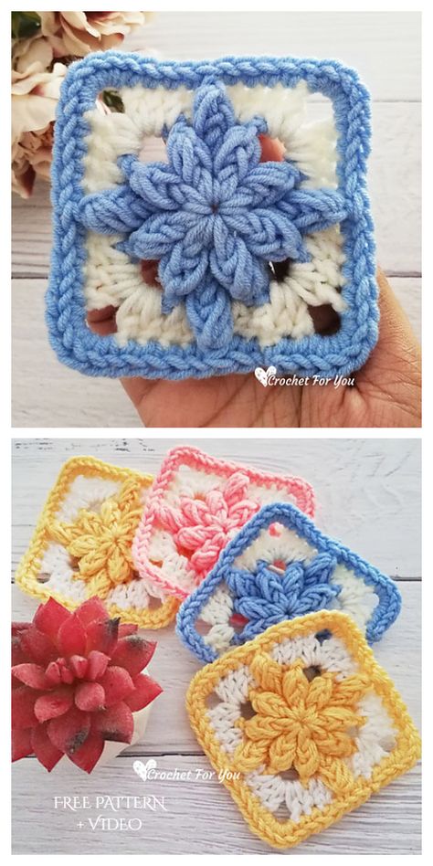 Bobble Drops Granny Square Free Crochet Pattern - DIY Magazine Beautiful Granny Squares, Crochet Afghan Patterns Free Throw Blankets Granny Squares, Different Granny Square Patterns, Corak Krusye, Granny Square Crochet Patterns Free, Crochet Blocks, Haken Baby, Crochet Square Patterns, Granny Squares Pattern