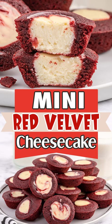 Mini Red Velvet Cheesecakes are filled with the same flavors as a full-sized cheesecake, but these bites have a moist, chewy brownie batter base that's quickly baked with a creamy cheesecake mixture in the middle. It is easy to prepare a big batch of perfectly portioned desserts in mini muffin pans (no springform pan or water bath to worry about). Cheesecake Mixture, Velvet Cheesecake, Red Velvet Cheesecake, Muffin Pans, Brownie Batter, Easy Baking Recipes Desserts, Tasty Baking, Springform Pan, Sweet Snacks Recipes