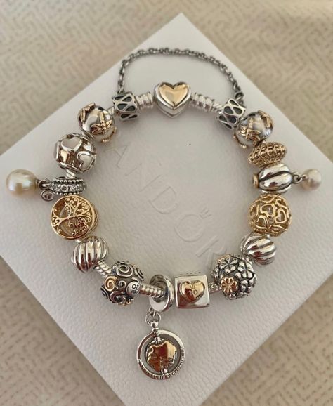 Pandora Bracelet Mixed Metals, Silver Pandora Bracelet With Gold Charms, Gold And Silver Pandora Bracelet, Pandora Bracelet Charms Ideas, Pandora Bracelet Designs, Mode Swag, Hand Chain Jewelry, Pandora Armband, Preppy Jewelry