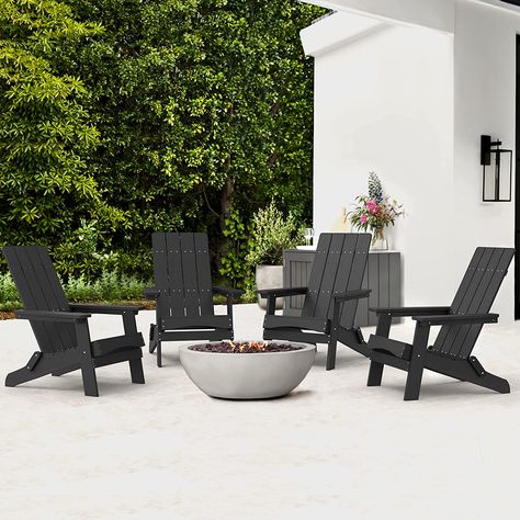 4 straight back modern adirondacks - perfect for around the fire pit. Chairs For Fire Pit, Adirondak Chairs, Modern Adirondack Chair, Composite Adirondack Chairs, Folding Adirondack Chair, Fire Pit Chairs, Modern Adirondack, Deck Pool, Balcony Chairs