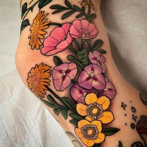 Neo Traditional Leg Tattoos Women, Color Leg Tattoos Women, Neo Traditional Flower Tattoo Design, Neo Traditional Leg Sleeve, Neo Traditional Tattoos Women, Neo Traditional Flower Tattoo, Neo Traditional Flowers, Art Nouveau Floral Tattoo, Neo Traditional Tattoos