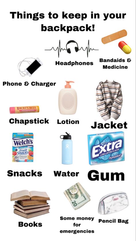 Things to keep in your backpack or bag/purse! I forgot to add: simple makeup & lipgloss (if you wear any) pads (for girls, if you use them!) and extra hair ties! Bag Necessities, Trip Necessities, Road Trip Necessities, Welches Fruit Snacks, Makeup Lipgloss, Side Bags, Cross Bag, Fruit Snacks, Burts Bees