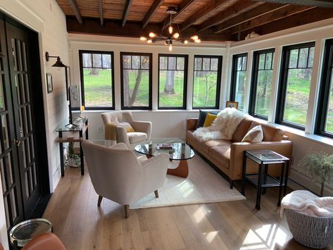 Four Seasons Room With Bar, Open Floor Joist Ceiling, Sloped Ceiling Sunroom, Screened In Porch Shiplap Wall, Sunroom With Dark Ceiling, Cozy Four Seasons Room, Sunroom Remodel Before And After, Square Sunroom, Sunroom With Bar