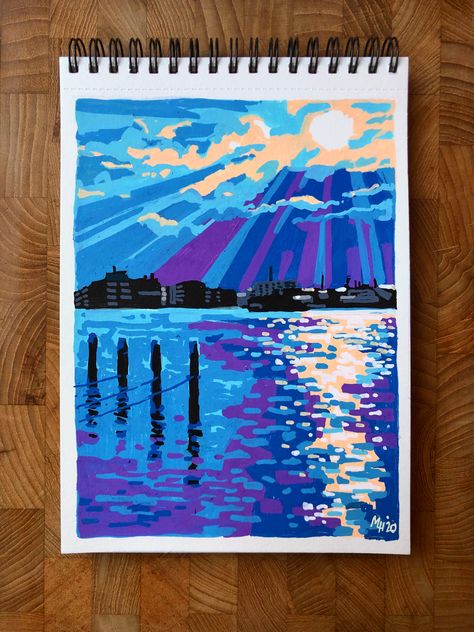 Blue Posca Art, Marker Pens Art, Ocean Posca Art, Posca Landscape, Posca Tutorial, Cute Posca Art, Posca Pen Drawings, Posca Paint Pens Art, Things To Draw With Posca Pens