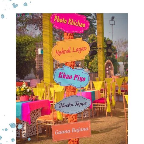 Wedding Cermony, Haldi Decoration Ideas, Menu Board Design, Pool Party Themes, Board Signs, Mandap Decor, Desi Wedding Decor, Mehndi Decor, Outdoor Indian Wedding