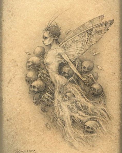 Creepy Love Art, Fairy Skull Tattoo, Magical Sketches, Dark Fairy Drawing, Fairytale Sketches, Faerie Drawing, Gothic Art Drawing, Gothic Sketches, Mythical Drawings