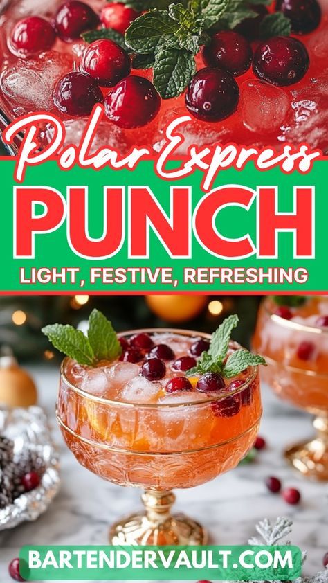 The Polar Express Punch is your ticket to a merry and bright holiday gathering! This fruity, bubbly punch combines sparkling wine, cranberry juice, and orange juice for a refreshing and festive sip. Perfect for serving a crowd, it’s one of the best Christmas punch recipes to bring holiday cheer to your table. Whether you need a fun Christmas morning punch or a lively Christmas punch alcoholic for your party, this drink is a must-try! It's as easy as a Jungle Juice recipe but with all the holiday magic. Pin for later and visit the link above for this and many more easy and delicious Christmas cocktail recipes! Christmas Wine Punch Recipes, Holiday Jungle Juice, Polar Express Food, Xmas Punch Recipes, Christmas Morning Cocktails, Rudolph Punch, Holiday Punch Recipes Alcoholic, Christmas Punch Alcoholic, Punch Alcoholic