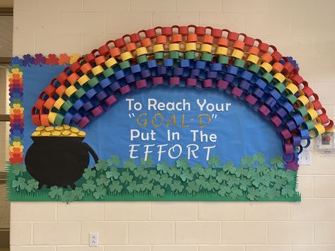 March Bulletin Board Ideas For Work, Middle School Bulletin Boards, Seasonal Bulletin Boards, Rainbow Bulletin Boards, March Bulletin Board, Office Bulletin Boards, Elementary Bulletin Boards, Door Decorations Classroom Christmas, Class Bulletin Boards