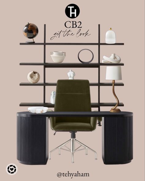 Loving this CB2 decor for an office!! Black desk Green office chair Snake lamp Bookshelf Bookshelf decor Vase Hall Collect bowl Decorative bowl #LTKFind Follow my shop @Tehyaham on the @shop.LTK app to shop this post and get my exclusive app-only content! #liketkit #LTKsalealert #LTKhome @shop.ltk https://liketk.it/3ZgkD Cb2 Office, Lamp Bookshelf, Office Black Desk, Cb2 Decor, Green Office Chair, Snake Table, Snake Lamp, Desk Green, Green Office