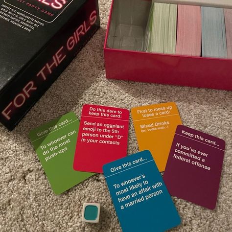 “For The Girls” Card Game For The Girls Game Cards, Card Games To Play With Friends, Caresha Please Game, For The Girls Game, Drinking Cards, Lesbian Bar, Drinking Card Game, Bachelorette Card, Sleepover Party Games