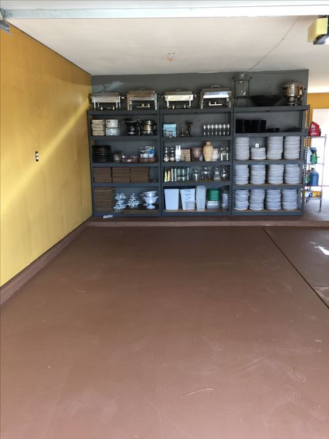 Dream Garage Catering Organization Catering Storage Ideas, Event Equipment Storage, Catering Organization Ideas, Organized Restaurant Kitchen, Large Kitchen Equipment Storage, Garage Shelf Storage Containers, Labeling Garage Storage Bins, Fort Wilderness, Catering Supplies