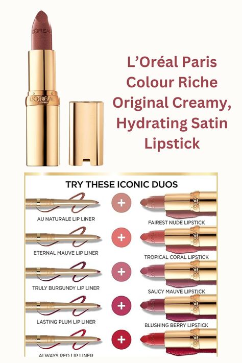 L’Oréal Paris Colour Riche Original Creamy, Hydrating Satin Lipstick Bright Pink Lipstick, Loreal Lipstick, Bright Pink Lipsticks, Mauve Lipstick, Makeup Shades, Bottom Lip, Satin Lipstick, Moisturizing Lipstick, Nude Lipstick