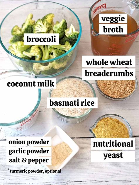 Ingredients for the vegan cheesy broccoli rice casserole measured and labelled. Vegan Rice Casserole Recipes, Vegan Broccoli Cheese Casserole, Vegan Broccoli Rice Casserole, Vegan Broccoli Quinoa Casserole, Broccoli Rice Casserole With Cheese Whiz, Cheesy Broccoli Rice Casserole, Cheesy Broccoli Rice, Broccoli Rice Casserole, Kidney Friendly