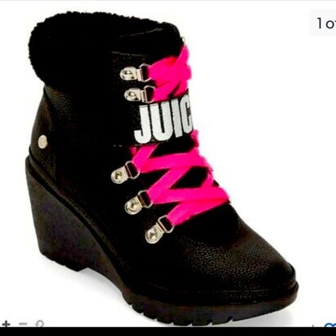 Juicy By Juicy Couture Size 11 Black Faux Leather Wedge With Black Fur Accent Neon/Fluorescent/Hot Pink Laces/Lacing Silvertone Hardware And Metallic Silver Strap/Band Features: Memory Foam Closure Type: Lace-Up Boot Shaft Height: 4 Inches Shoe Heel Height: 3 Inches Upper/Outer Base Material: 100% Urethane Shoe Lining Material: Synthetic Sole Material Content: 100% Polyurethane Toe Type: Closed Toe Heel Style: Wedge Heel Country Of Origin: Imported Stock Photos Are For Reference Only Color Actua Juicy Couture Sneakers, Juicy Couture Boots, Couture Heels, Closed Toe Heel, Black Kawaii, Heeled Lace Up Boots, Designer Ankle Boots, Juicy Couture Shoes, Couture Shoes