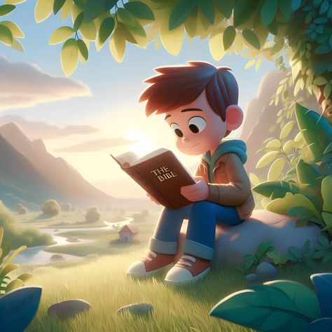 Bible Cartoon, Reading Cartoon, Boy Reading, Christian Cartoons, Jesus Cartoon, Reading The Bible, Jesus Artwork, Jesus Christ Artwork, Bible Images