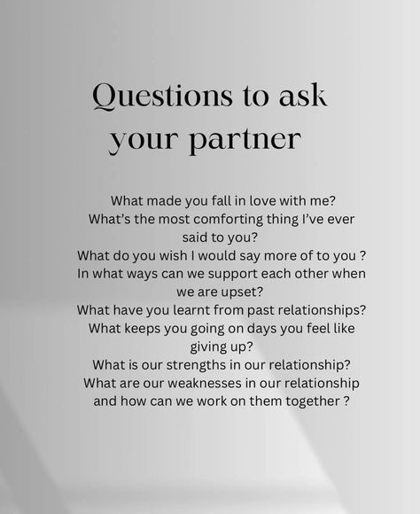 questions to ask your partner Questions To Ask In A Serious Relationship, Partner Check In Questions, Questions To Grow Your Relationship, Deep Relationship Questions To Ask Him, Questions To Save A Relationship, Deep Emotional Questions, Questions To Ask A Potential Partner, Questions To Connect With Your Partner, Relationship Psychology Questions