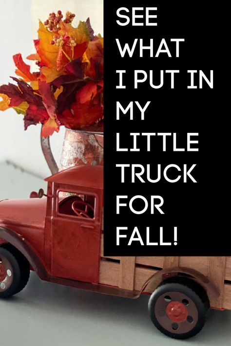 Do you use your little red truck sometime OTHER than Christmas? Do this for fall! Fall Red Truck Decor, Red Truck Decor Diy, Fall Wheelbarrow Decor, Metal Truck Decor Ideas, Small Fall Centerpieces, Little Red Truck Christmas Decor, Old Truck Decor, Fall Truck Decor, Farm Truck Decor