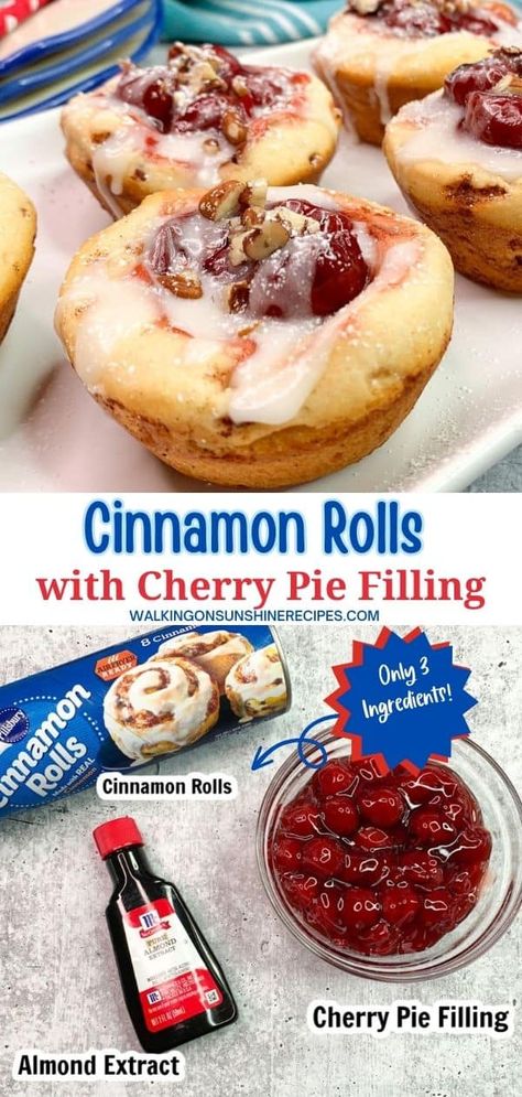 Pillsbury Cinnamon Rolls with Cherry Pie Filling are made with refrigerator rolls and canned cherry pie filling. Ready in 20 minutes! Pillsbury Cinnamon Roll Recipes With Cherry Pie Filling, Cherry Cinnamon Rolls Simple, Cherry Pie Cinnamon Rolls, Canned Cherry Pie Filling Desserts, Pillsbury Roll Recipes, Cherry Pie Cups, Cherry Cinnamon Rolls, Cherry Filling Recipes, Refrigerator Rolls