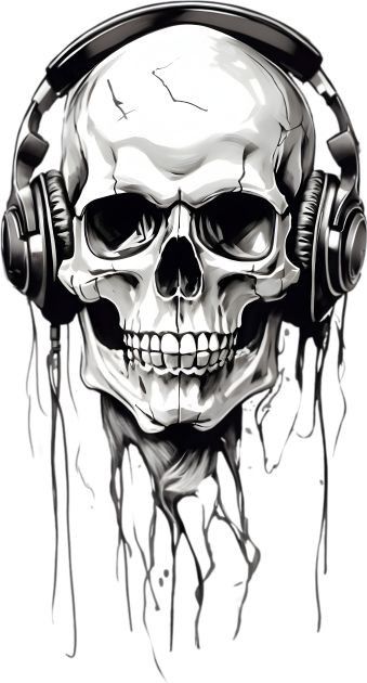 Skull Tattoo Stencil, Tattoo Skull Design, Graphic Tattoo Design, Orange Digital Art, Skull T Shirts, Headphones Tattoo, Skull Music, Reaper Drawing, Cool Skull Drawings