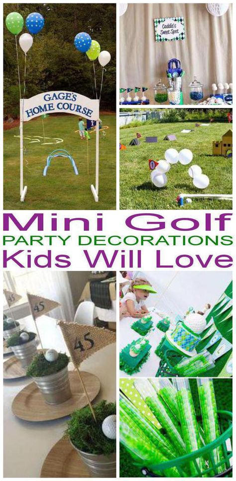 28 Awesome mini golf party decoration ideas for kids birthday parties! Children will love these cool Mini Golf birthday party decorations and activities. Mini Golf Party Decorations, Mini Golf Birthday Party Favors, Preschool Golf Theme, Mini Golf Party Ideas, Hole In One First Birthday Games, Mini Golf Birthday Party For Kids, Putt Putt Birthday Party, Golf Party Activities, Golf Theme Party Games