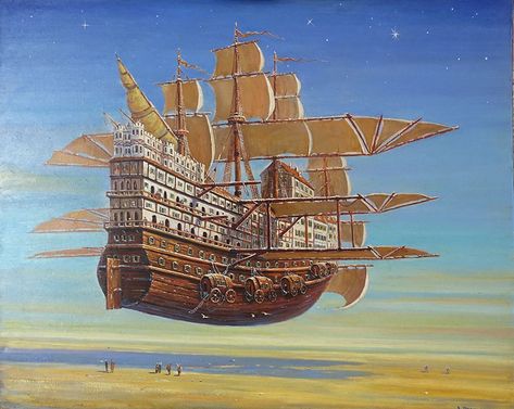 Flying Ship Fantasy Art, Dnd Vehicles, Airship Art, Flying Ship, Steampunk Artwork, Steampunk Airship, Concept Art World, Fantasy Places, Modern Fantasy