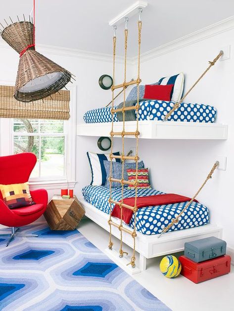 Ahoy! A bedroom design that appeals to all nautical lovers! This shared kids bedroom features a white built-in bunk bed with a rope ladder suspended from the ceiling. Boys Bedroom Furniture, Kids Shared Bedroom, Bunk Beds Built In, Childrens Bedroom Furniture, Built In Bunks, Rope Ladder, Bunk Bed Designs, Kids Bunk Beds, Stylish Beds