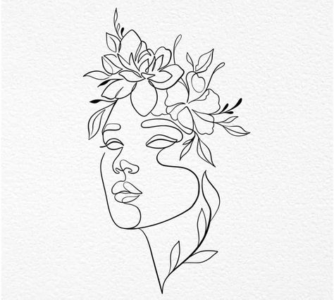 Woman Face Tattoo Design, Minimalist Line Art Woman, Spiral Drawing, Magic Runes, Female Face Drawing, Line Art Flowers, Self Love Tattoo, Single Line Drawing, Doodles Drawings