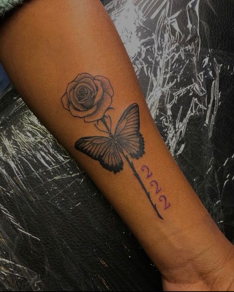 Rose Forearm Tattoo Men, Butterfly Memorial Tattoo, Rose Forearm Tattoo, Small Dope Tattoos, Arm Tattoos Black, Memorial Tattoo Ideas, Butterfly Memorial, A Tattoo Design, Small Shoulder Tattoos