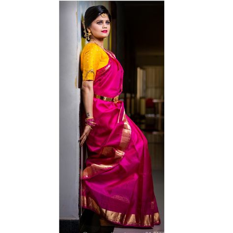 Pink Saree Yellow Blouse, Rani Pink Saree Contrast Blouse, Engagement Look Indian, Saree Engagement Look, Indian Engagement Ceremony, Saree Engagement, Indian Engagement, Engagement Look, Engagement Makeup