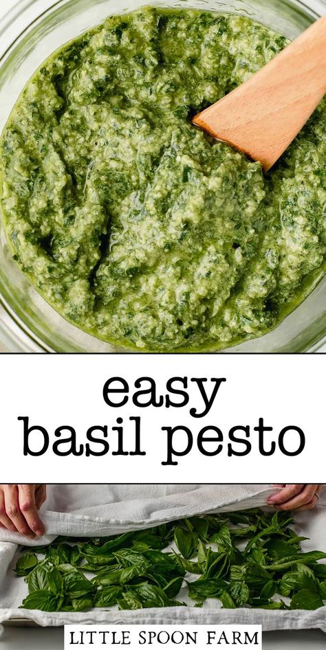 This easy homemade pesto recipe is a great way to use fresh basil to really amp up the flavor of dinner tonight! This amazing sauce only has 6 ingredients, plus seasonings, and takes 5 minutes to make in a food processor. So much better than store-bought! Fresh Basil Pesto Recipe, Basil Pesto Recipe, Homemade Pesto Recipe, Basil Pesto Recipes, How To Make Pesto, Homemade Pesto, Awesome Recipes, Mediterranean Dishes, Pesto Recipe