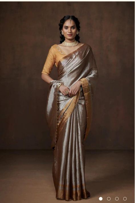 Metallic Gold and Silver Chanderi Handloom Horizontally Sectioned Pure Tissue Silk Saree | Contemporary Tissue Silk Saree | Customizable Luxury Silver Tissue Silk Saree, Luxury Tissue Silk Traditional Evening Wear, Tissue Silk Saree, Tissue Saree, Indian Attire, Half Saree, Printed Sarees, Blouse Fabric, Handloom Saree