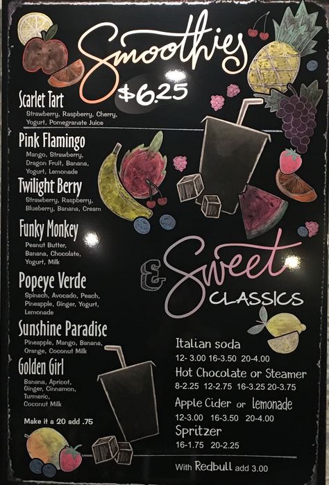 Smoothie Chalkboard Art, Smoothie Bar Menu Design, Smoothie Menu Ideas, Smoothie Stand Ideas, Smoothie Shop Bloxburg, Smoothie Names Creative, Smoothie Bar Ideas Design, Smoothie Shop Design Ideas, Smoothie Store Design