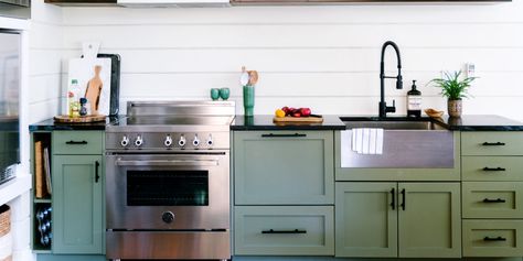 Green Kitchen Cabinets Design Ideas - Sunset Magazine Green Kitchen Cabinets Ideas, Kitchen Cabinets Green, Colorful Appliances, Colorful Kitchen Appliances, Soft Green Paint, Kitchen Window Bar, Lodge Kitchen, Green Kitchen Designs, Kitchen Cabinet Inspiration