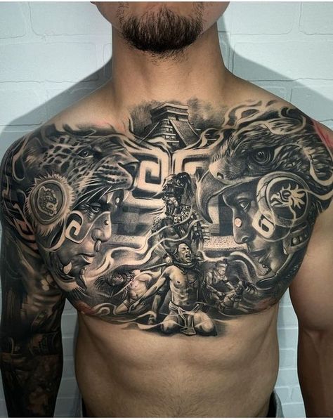 Mayan Chest Tattoo, Mexican Chest Tattoo For Men, Aztec Chest Piece, Mexican Neck Tattoo, Aztec Warrior Tattoo Sleeve, Mexican Chest Tattoo, Mexican Back Tattoos, Mexican Tattoo Ideas For Men Aztec, Mayan Tattoos Men