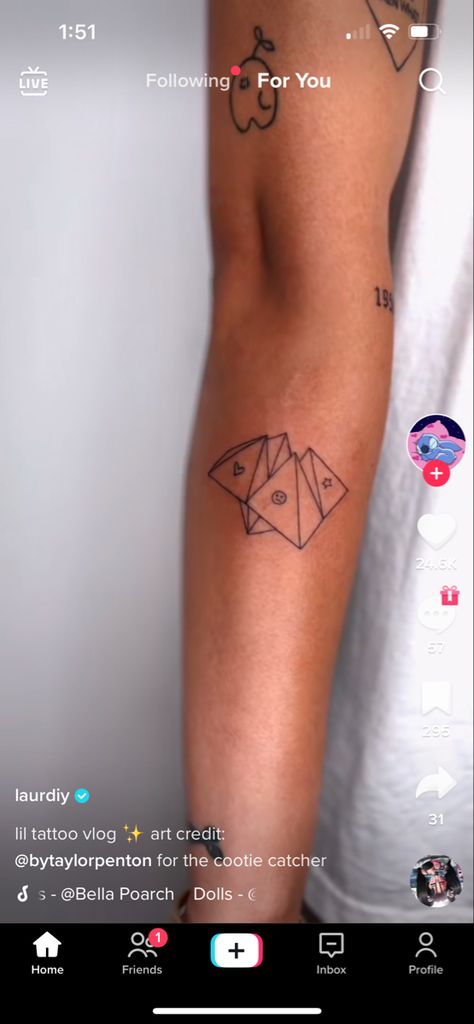 Cootie Catcher Tattoo, Laurdiy Tattoos, Cootie Catcher, Elbow Tattoos, Tattoo Inspo, Tiny Tattoos, Triangle Tattoo, Geometric Tattoo, Tatting