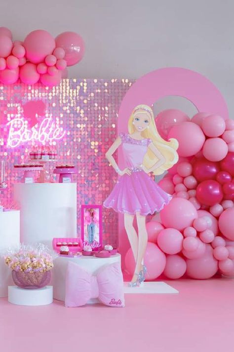 Check out this fun Barbie birthday party! The dessert table is so glamorous!! See more party ideas and share yours at CatchMyParty.com Barbie Birthday Party Table Decorations, Barbie Candy Table, Barbie Table Decorations, Barbie Decorations Birthday, Barbie Dessert Table, Barbie Birthday Party Ideas Decoration, Barbie Decorations, Birthday Party Table Decorations, Barbie Party Decorations